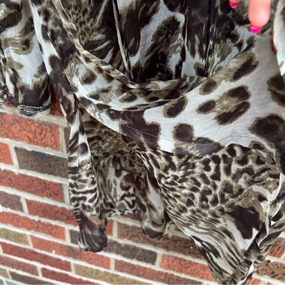 Rhona Sutton Brown and Cream Sequin Beaded Tassel Cheetah Print Chiffon Cover Up - Picture 6 of 6